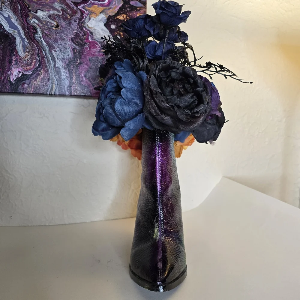 HANDCRAFTED Upcycled Leather Boot Vase Artwork HANDPAINTED Tabletop Art Decoe